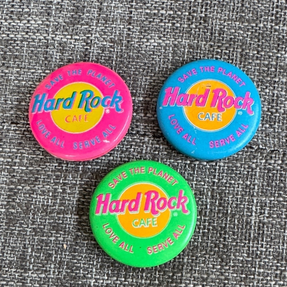 Hard Rock Cafe Pink, Blue, and Green Button Trio